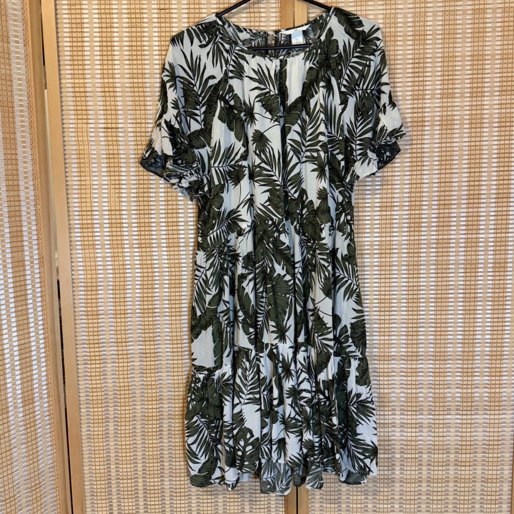 HM LOGG Tropical Palm Print Tiered Mini Dress Green White Small NWT